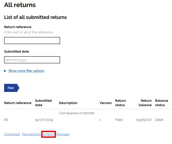 All returns - Amend link highlighted