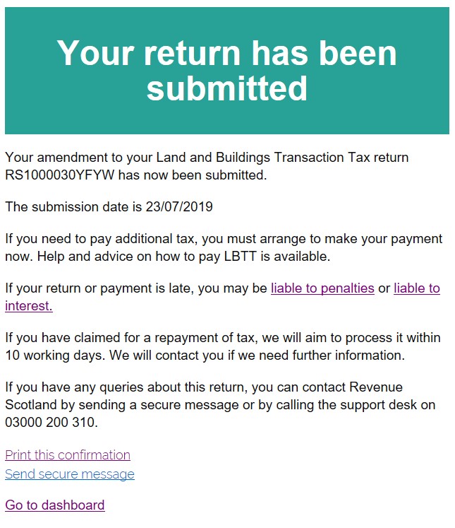 Confirmation of submitted return 